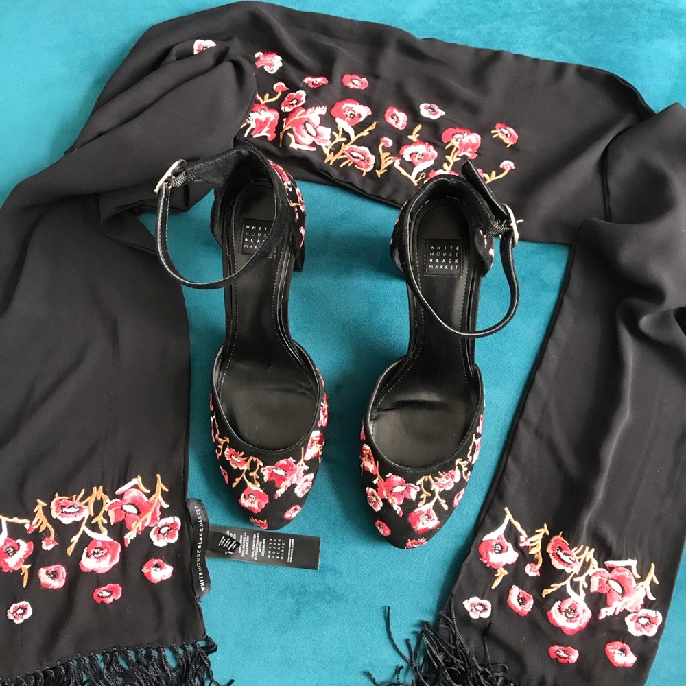 WHBM rose embroidered pumps & scarf